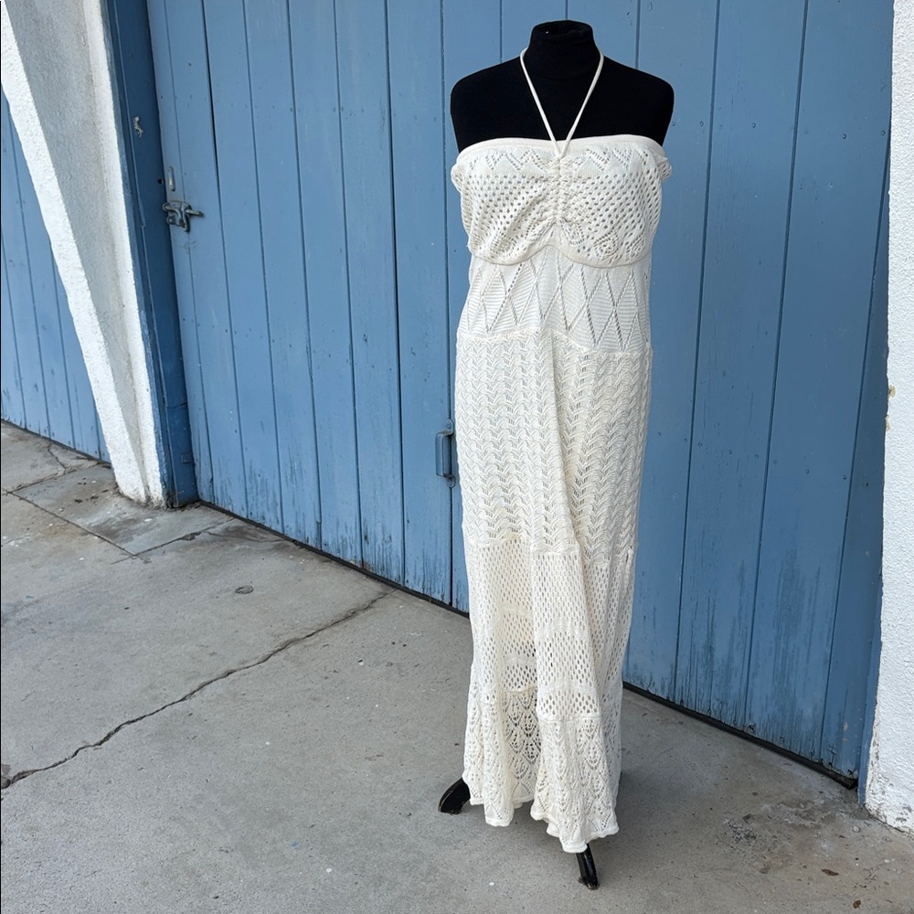 Farm Rio Cream Strapless Crochet Dress